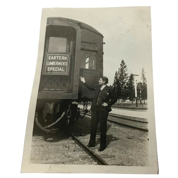 Eastern Lumbermens Special Train Found Photo Vintage 1930s Man Posing Snapshot - Picture 1 of 7